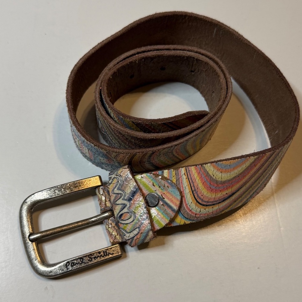Vtg Paul Smith Leather Mini Cooper Belt Mens 34 Multi Color Metal Bucket Rare